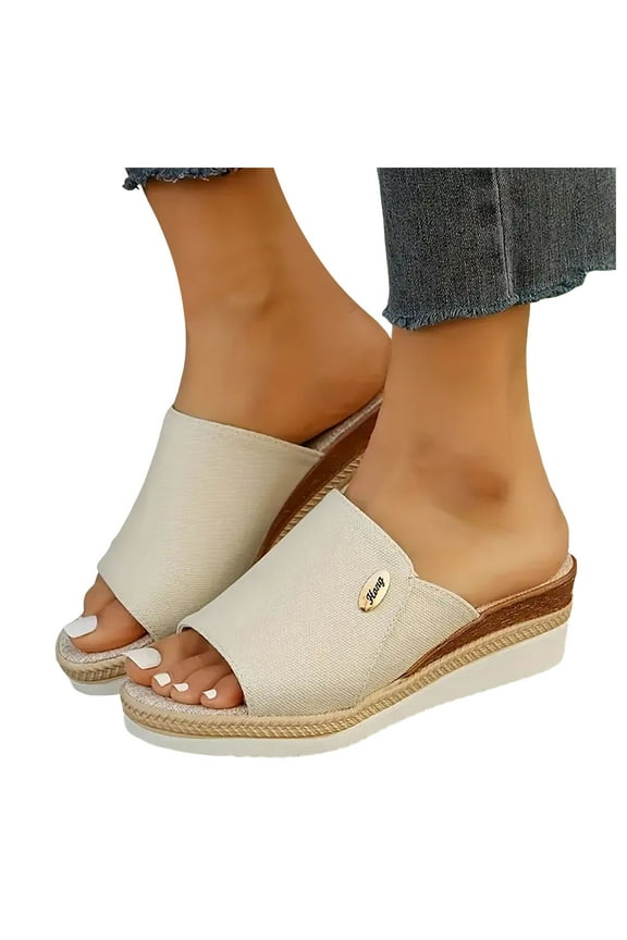 Women's Denim Wedge Slides Sandals Trendy Casual Peep Toe Platform Slip on High Heels Beach Dress Slippers