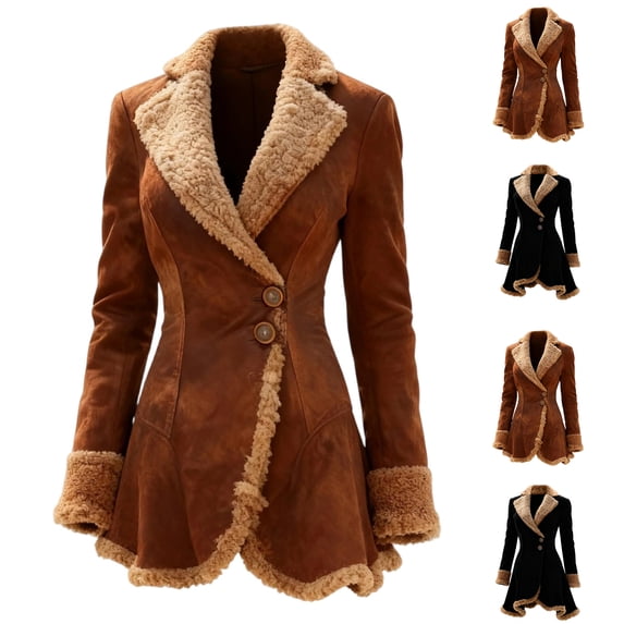 Women's Denim Western Retro Trench Coat Plush Fashion Warmth Fleece Jacket for Outdoor Activities, Winter Style, and Seasonal Celebrations,Black,L