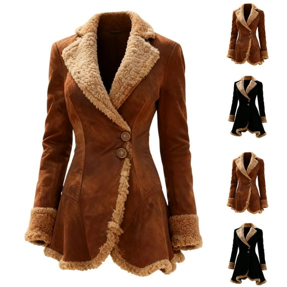 Women's Denim Western Retro Trench Coat Plush Fashion Warmth Fleece Jacket for Outdoor Activities, Winter Style, and Seasonal Celebrations,Brown,2XL