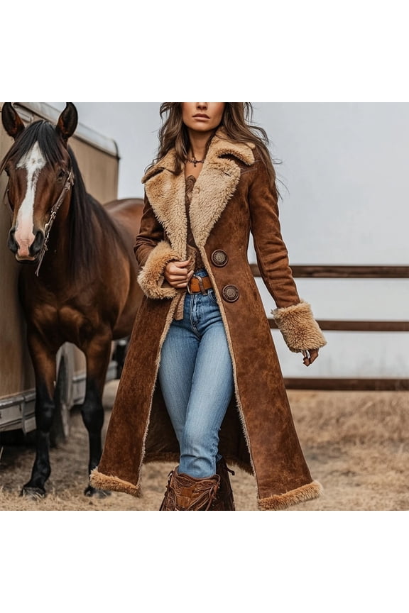 Women's Denim Western Retro Trench Coat Plush Fashion Warmth Fleece Jacket for Vintage Style, Winter Adventures, and Christmas Events,Camel,2XL