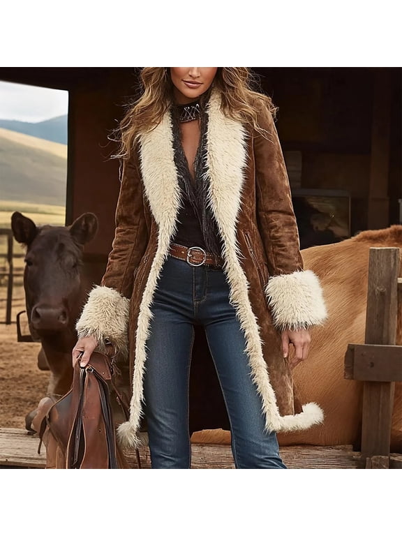 Women's Denim Western Retro Windbreaker Plush Fashionable Warm Jacket for Casual Outings, Winter Style, and Holiday Parties,Camel,XL