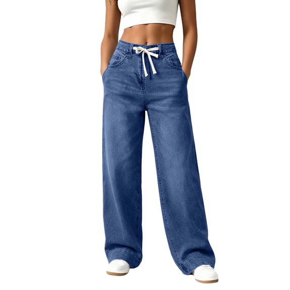 Women's Denim Wide Leg Pants High Waisted Drawstring Loose Fit with Pockets Casual Jeans