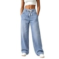 thumbnail image 1 of Women's Denim Wide Leg Pants High Waisted Drawstring Loose Fit with Pockets Casual Jeans, 1 of 5