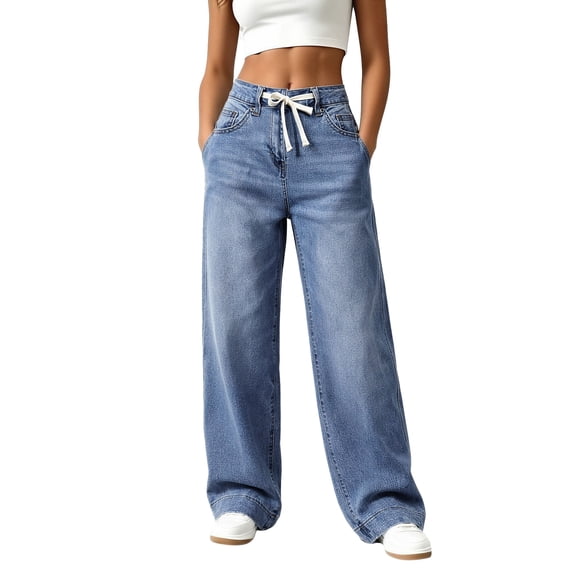 Women's Denim Wide Leg Pants High Waisted Drawstring Loose Fit with Pockets Casual Jeans