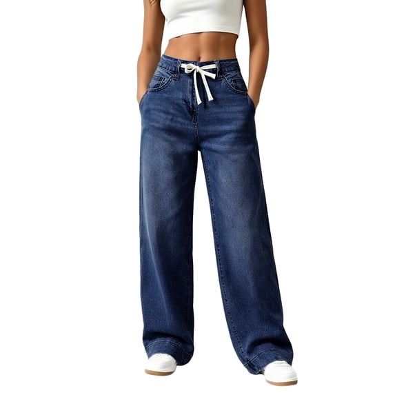 Women's Denim Wide Leg Pants High Waisted Drawstring Loose Fit with Pockets Casual Jeans