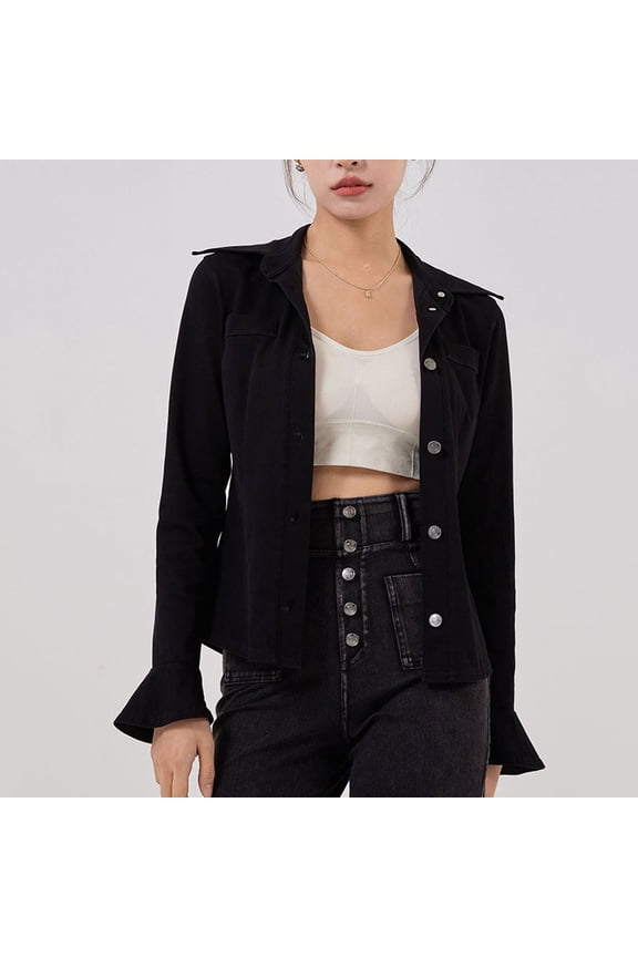 Women's Denim Yoga Shirt With Flared Sleeves Featuring A Slim Metal And Elastic Sports Fit Worn As An Outerwear For Fitness