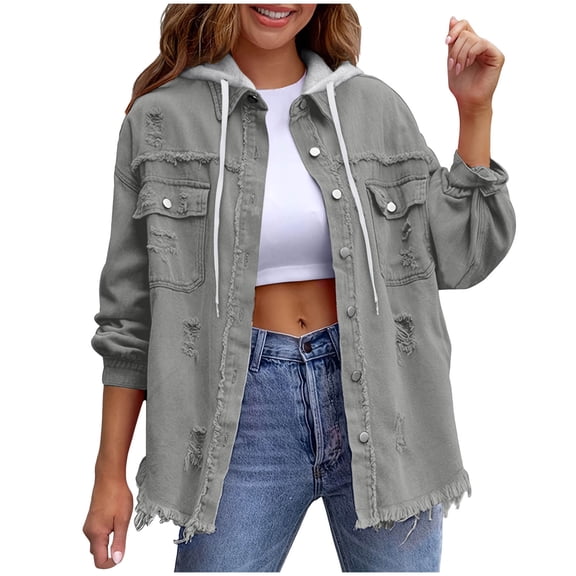 Women's Denim detachable Hooded Coat Long Sleeve Button Down Cardigan Jacket with Pockets Gray XXL