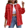 thumbnail image 1 of Women's Denim detachable Hooded Coat Long Sleeve Button Down Cardigan Jacket with Pockets Red M, 1 of 9