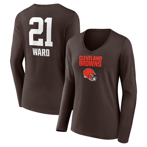 Women's Denzel Ward Brown Cleveland Browns Team Wordmark Player Name & Number Long Sleeve V-Neck T-Shirt