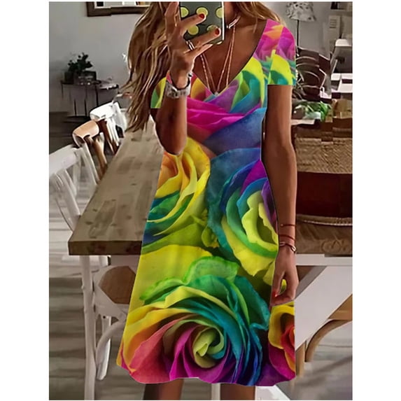 Women‘s Design Basic 3D Printing Painting Dress V-neck Short Sleeve Ink Flower Pattern Dress 2024 Summer Women‘s Dress