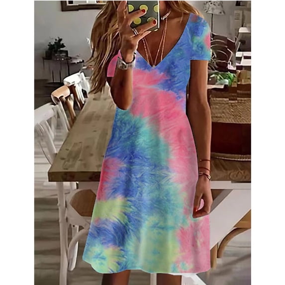 Women‘s Design Basic 3D Printing Painting Dress V-neck Short Sleeve Ink Flower Pattern Dress 2024 Summer Women‘s Dress