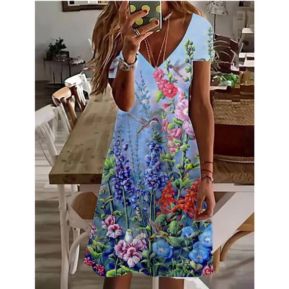 Women‘s Design Basic 3D Printing Painting Dress V-neck Short Sleeve Ink Flower Pattern Dress 2024 Summer Women‘s Dress