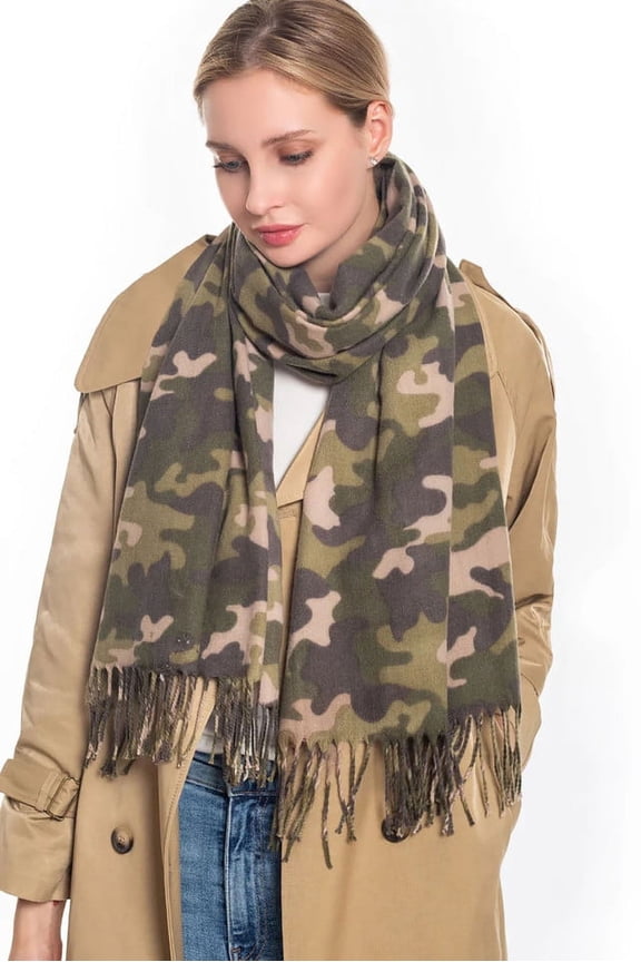 Women's Designer Camouflage Pattern Fringed Scarf Olive S5017