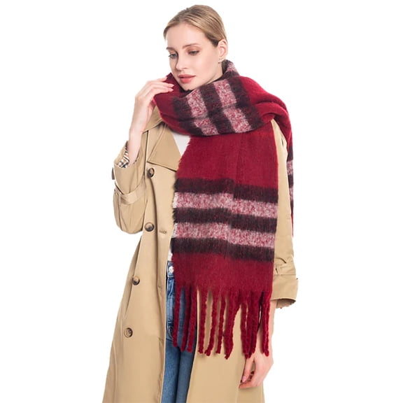 Women's Designer Print Scarf Fashion Block Plaid Tassel Oblong Scarf S5021 Burgundy