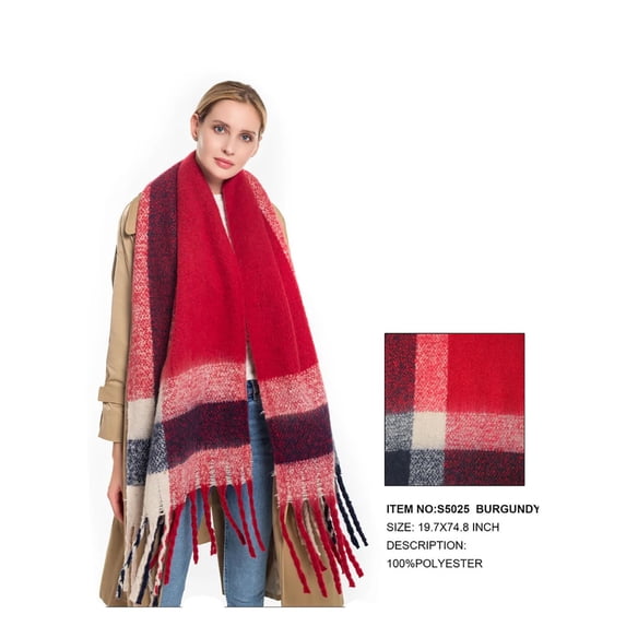 Women's Designer Print Scarf Fashion Block Plaid Tassel Oblong Scarf S5025 Burgundy