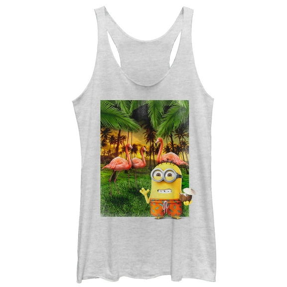 Women's Despicable Me Minion Flamingo Vacation  Racerback Tank Top White Heather Large