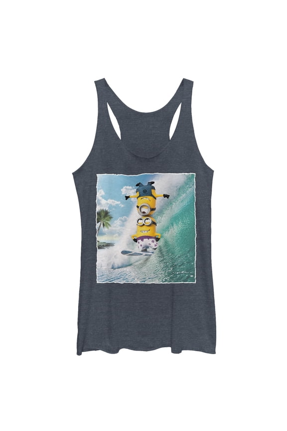 Women's Despicable Me Minion Surf Tricks Racerback Tank Top Navy Blue Heather Medium