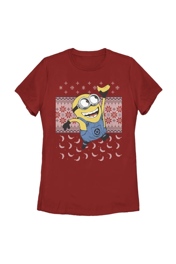 Women's Despicable Me Ugly Christmas Minons Banana Graphic Tee Red 2X Large