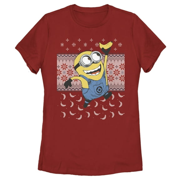 Women's Despicable Me Ugly Christmas Minons Banana  Graphic Tee Red Medium
