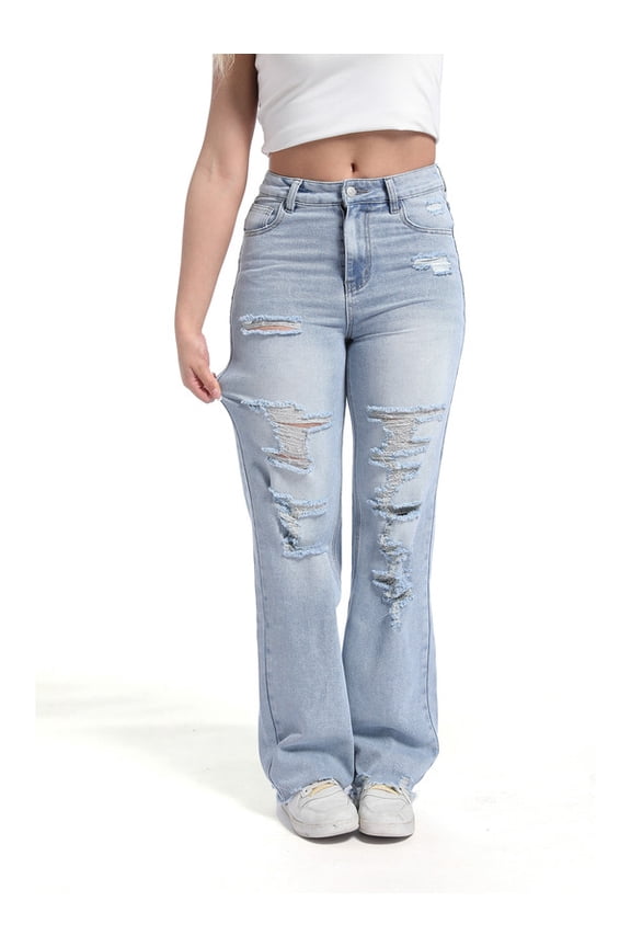 Women's Destroyed Jeans Ripped Straight Leg Jean Trousers Stretch Denim Pants Y2K Trousers with Pockets Blue