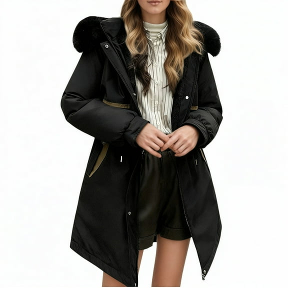 Women's Detachable Collar Parka Jacket Mid Length Over The Knee Thickened and Spliced Down Jacket Black M