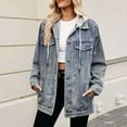 thumbnail image 1 of Women's Detachable Drawstring Hood Denim Jackets Oversized Loose Fitting Button Front Long Sleeve Jean Coat with Pockets Light Blue S, 1 of 5