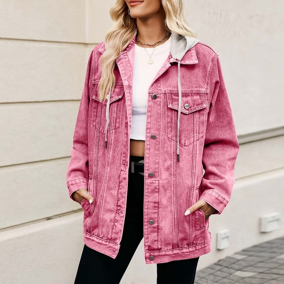 Women's Detachable Drawstring Hood Denim Jackets Oversized Loose Fitting Button Front Long Sleeve Jean Coat with Pockets XXL