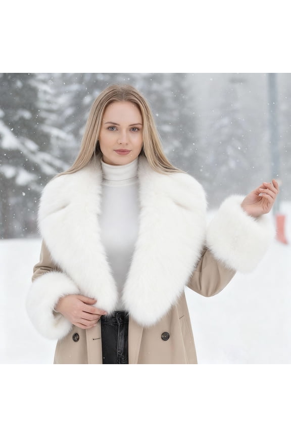 Women's Detachable Faux Fur Collar with Wrist Cuffs Set, Plush Winter Coat Accessory, Standalone Fur Collar and Sleeve Cuffs for Cold Weather Fashion - White