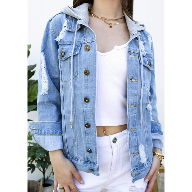 Women s Detachable Hoodie Denim Jacket Ripped Distressed Oversized Jean Coat W Pockets Blue Medium Walmart