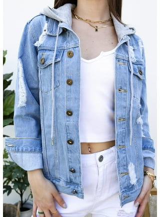 White hoodie with online jean jacket