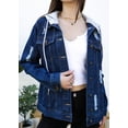 thumbnail image 1 of Women's Detachable Hoodie Denim Jacket Ripped Distressed Oversized Jean Coat W Pockets, Indigo, X-Large, 1 of 5
