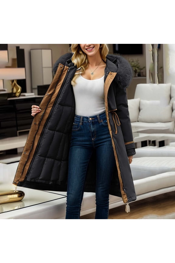 Women's Detachable Patchwork Winter Long Hooded Thickened Coat Roll Sleeve Utility Jacket Style Jackets for Women Women Utility Jacket with Hood Face down for It All Jacket Coats Womens Womens Fashion