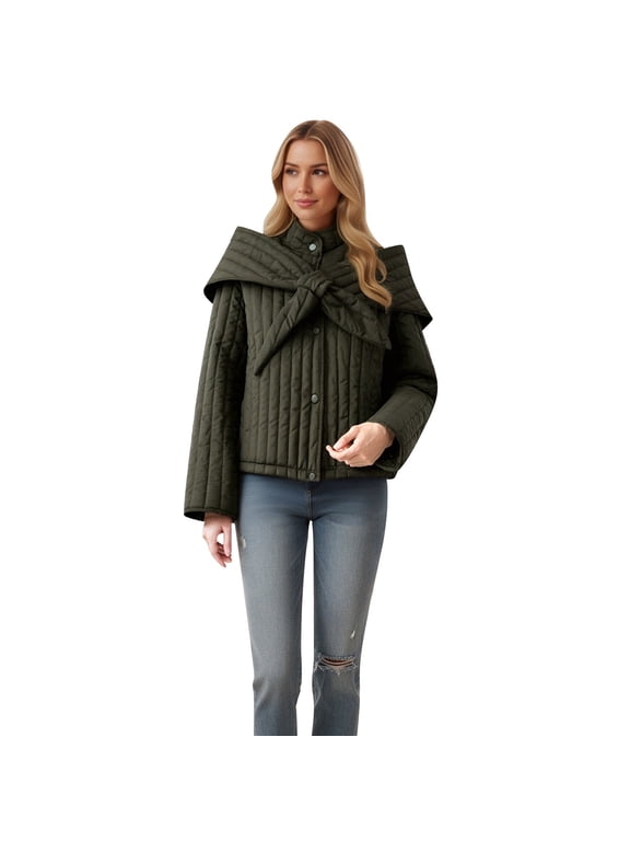 Women’s Detachable Scarf Quilted Puffer Jacket Trendy High Neck Long Sleeve Button Down Winter Padded Coats