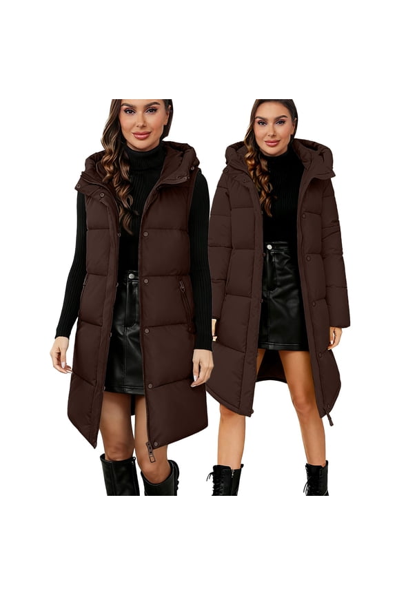 Women's Detachable Sleeve Hooded Cotton Coat,Thickened Korean Style Loose Fit Padded Jacket,Knee-Length Warm Winter Outerwear with Convertible Design,Multi-Functional All-Season Coat for Women Coffee