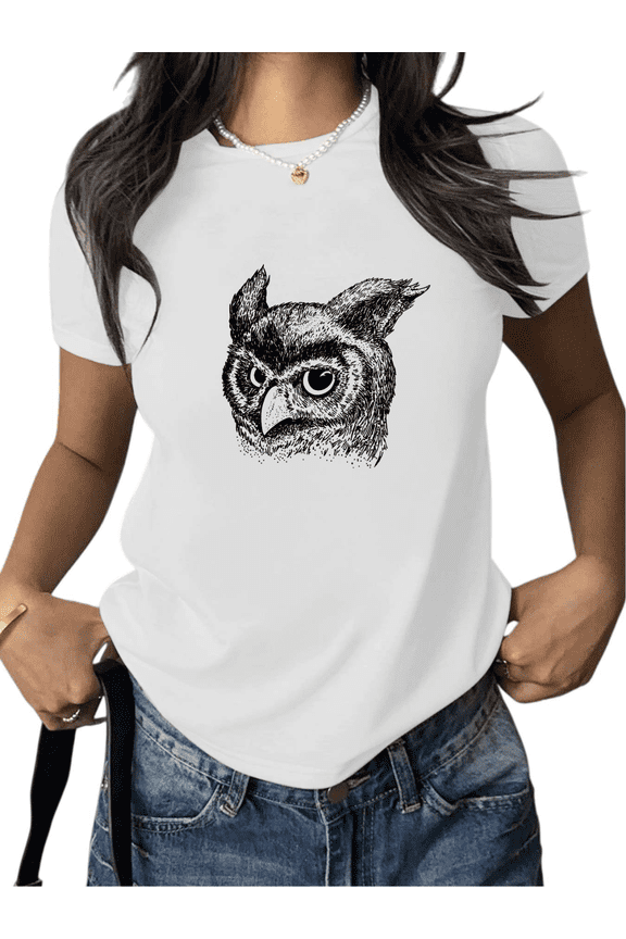 Women's Detailed Owl Graphic Comfortable T Shirt Casual Breathable Short Sleeve Round Neck Top White S-5XL