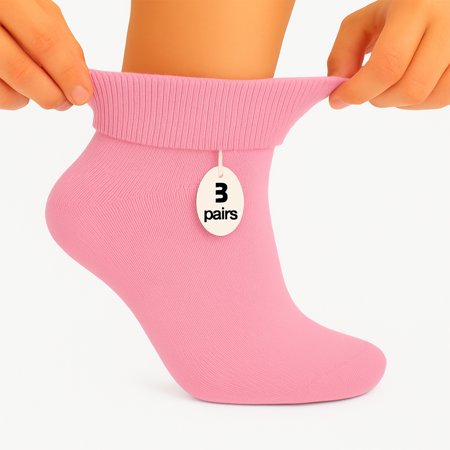 Women's Diabetic Ankle Socks - 3 Pairs, Soft Cotton, Non-Binding, Seamless Toe, Circulation Support, Shoe Size 9-11(Pink)