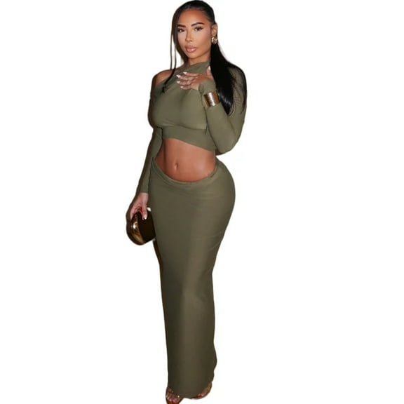 Women's Diagonal Collar Long Sleeve Super-short Crop Tops & Long Skirt, Solid Color, 2pcs Set