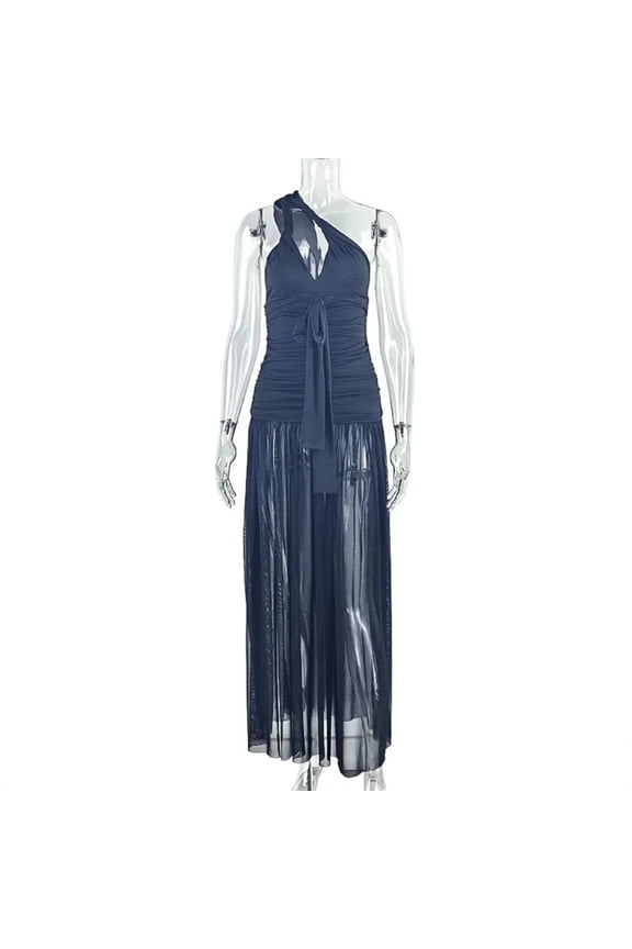 Women's Diagonal Collar Sleeveless Backless Pleated Bangdage Split Asymmetrical Long Dress,Gauze Spliced, Sexy