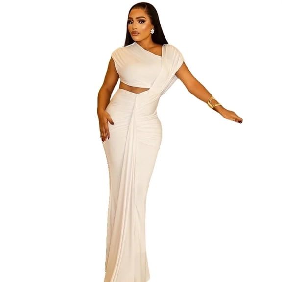 Women's Diagonal V-Neck Sleeveless Pleated Irregular Long Dress, Hips Wrapped, Solid Color