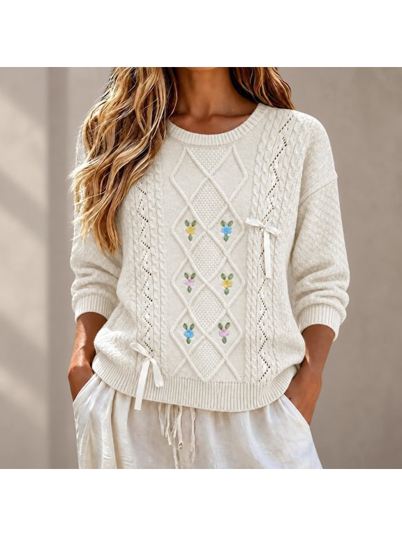 Women's Diamond Cable Knit Pullover Sweater,Round Neck Long Sleeve Loose Fit Jumper,Embroidery Bow Detail Knit Top,Soft Knitted Casual Sweater for Fall Winter Daily Weekend Outings Beige S