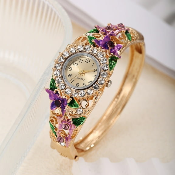 Women's Diamond-Decorated Butterfly Flower Quartz Watch Alloy Bracelet Watch