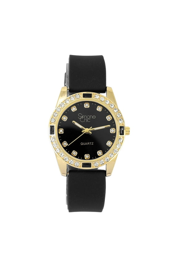 Women's Diamond & Gem Pave Fashion Rolly Rubber Band Timepiece - Colorful Dial w/Matching Baguette Bling on Watch Trim - Ladies Be Burnin' w/This Sport Chic Trendy Fashion Accessory - ST10415SB Black