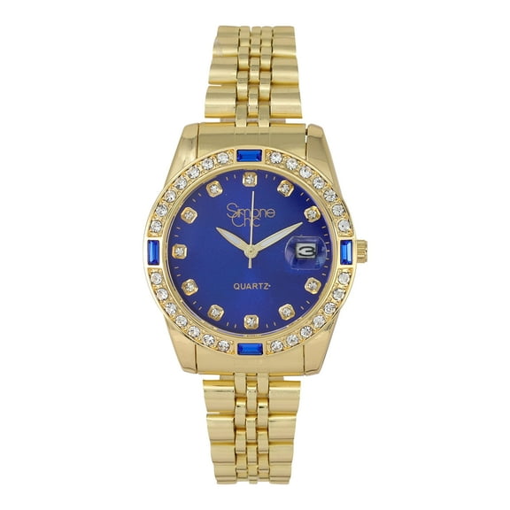 Women's Diamond & Gem Pave Fashion Rolly Timepiece - Colorful Dial w/Date and w/Matching Baguette Bling on Watch Trim - Look Like Da Bomb, When You Dance, Aye! - ST10415 Gold Royal Blue