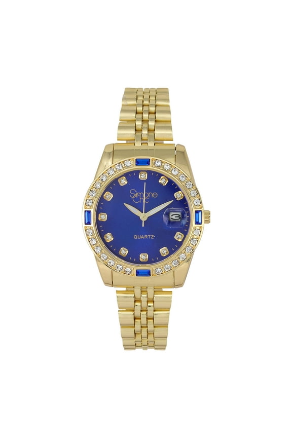 Women's Diamond & Gem Pave Fashion Rolly Timepiece - Colorful Dial w/Date and w/Matching Baguette Bling on Watch Trim - Look Like Da Bomb, When You Dance, Aye! - ST10415 Gold Royal Blue