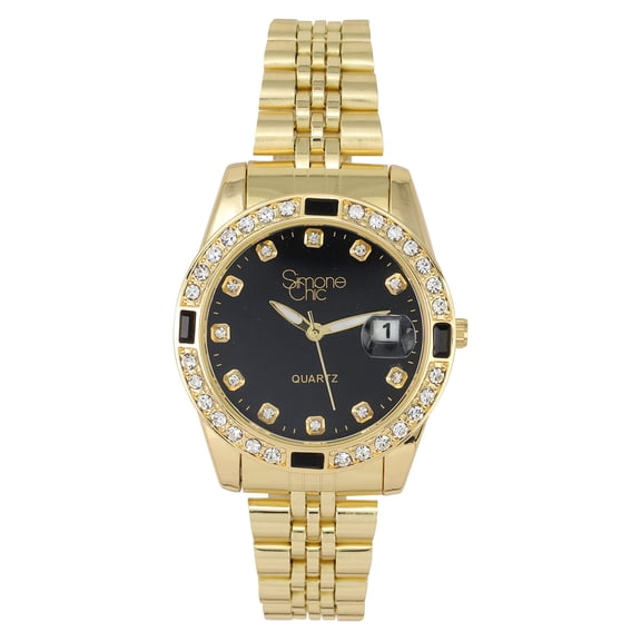 Women's Diamond & Gem Pave Fashion Rolly Timepiece - Colorful Dial w/Date and w/Matching Baguette Bling on Watch Trim - Look Like Da Bomb, When You Dance, Aye! - ST10415 Gold Black