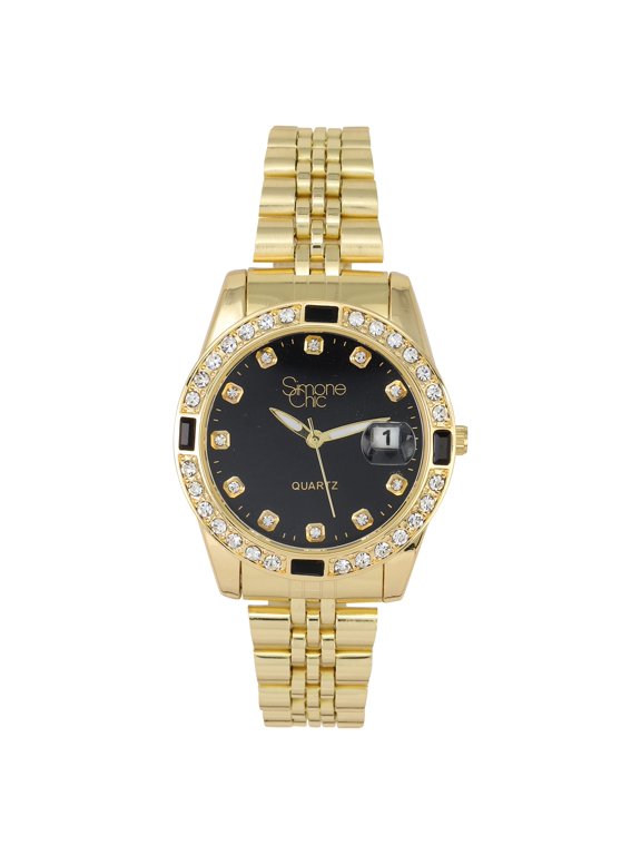 Women's Diamond & Gem Pave Fashion Rolly Timepiece - Colorful Dial w/Date and w/Matching Baguette Bling on Watch Trim - Look Like Da Bomb, When You Dance, Aye! - ST10415 Gold Black