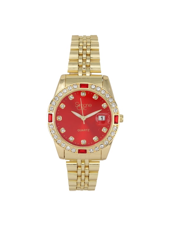 Women's Diamond & Gem Pave Fashion Rolly Timepiece - Colorful Dial w/Date and w/Matching Baguette Bling on Watch Trim - Look Like Da Bomb, When You Dance, Aye! - ST10415 Gold Bright Red