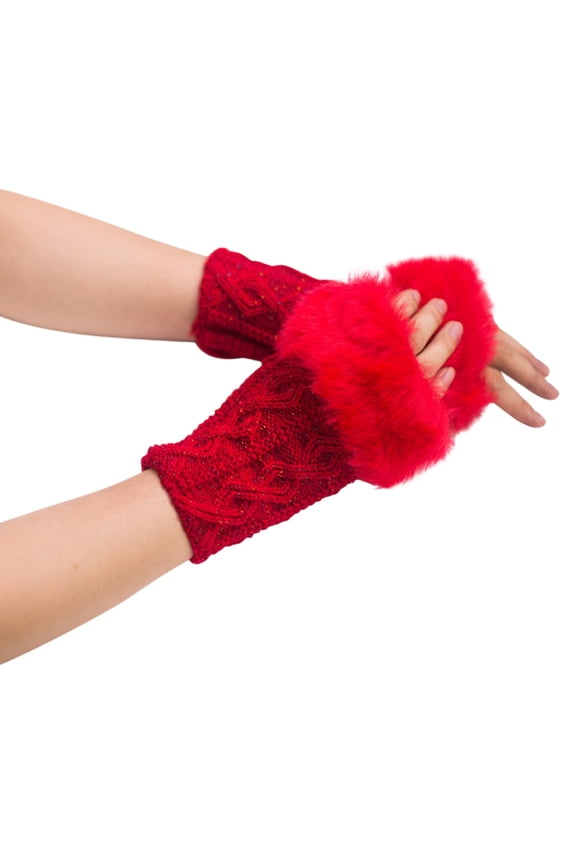 Women's Diamond Pattern Knit Fingerless Gloves, Wool Blend Short Wrist Gloves, Open Finger Gloves for Teens and Adults, Soft Stretchable Half Finger Gloves Red