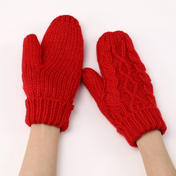 Women's Diamond Pattern Knit Mittens, Plush Lined Thermal Winter Gloves, Embossed Cable Knit Mittens, Thickened Cold Weather Gloves, All-Weather Protection Mittens Red