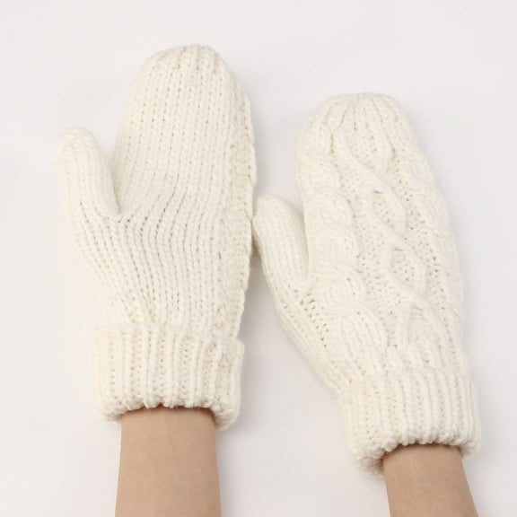 Women's Diamond Pattern Knit Mittens, Plush Lined Thermal Winter Gloves, Embossed Cable Knit Mittens, Thickened Cold Weather Gloves, All-Weather Protection Mittens White
